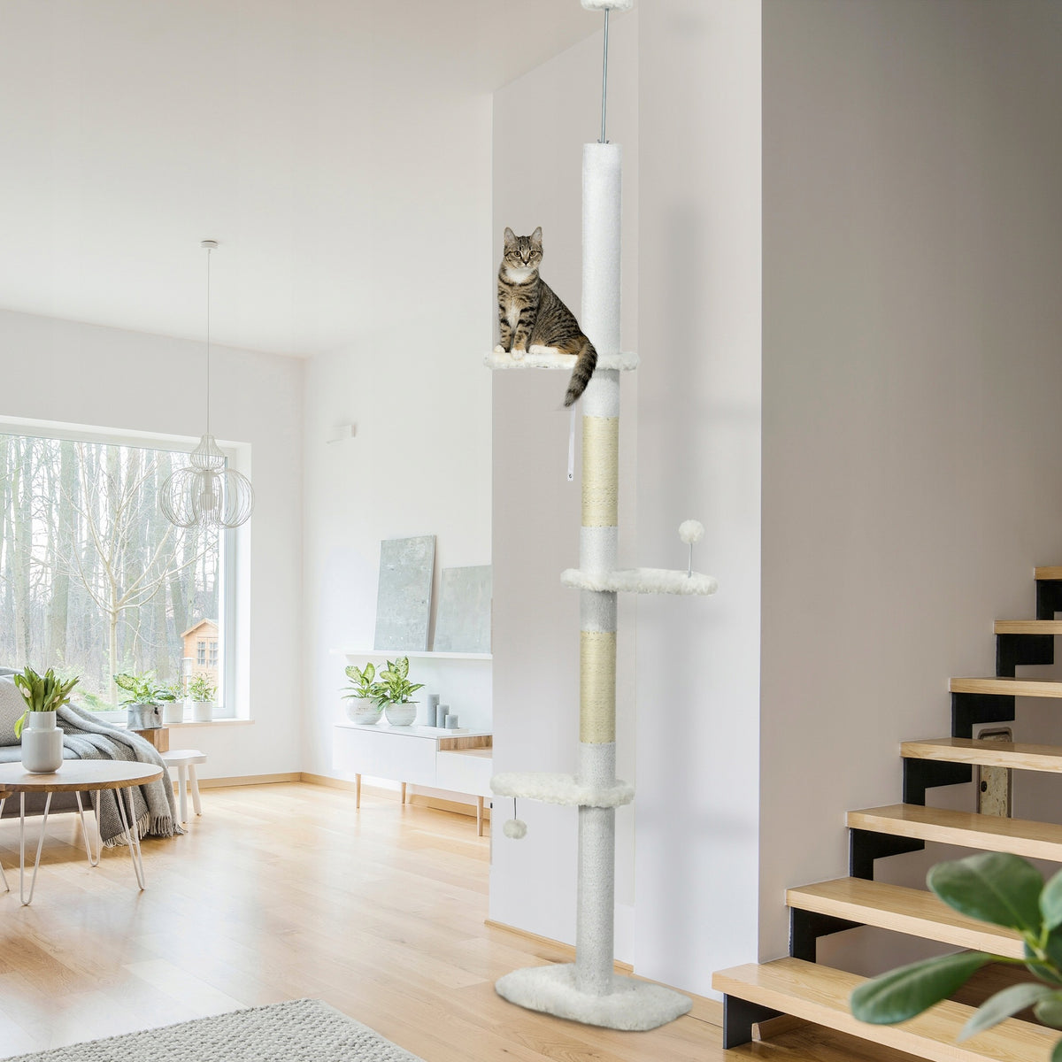 PawHut Drapak sufitowy dla kota 225-255 cm z regulacją, 3 poziomy, plusz – biały