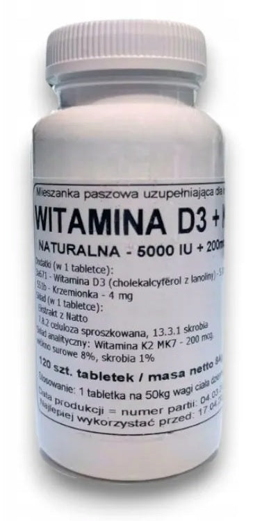 Podkowa Witamina D3 5000 IU + K2 MK-7 200 mcg dla psa i kota – kości i stawy, 120 tabletek