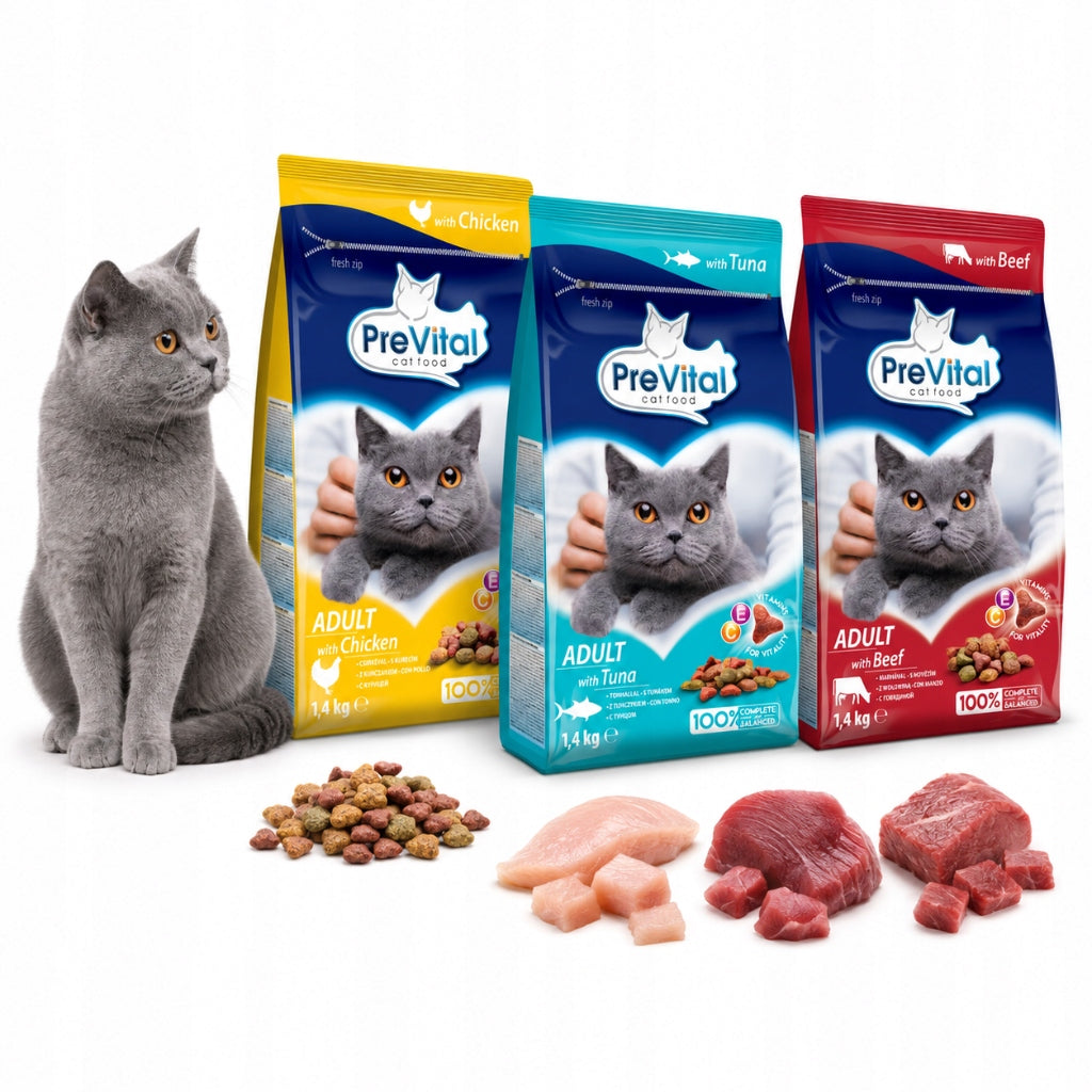 Prevital sucha karma dla kota dorosłego zestaw 3 x 1,4 kg – kurczak, wołowina, tuńczyk
