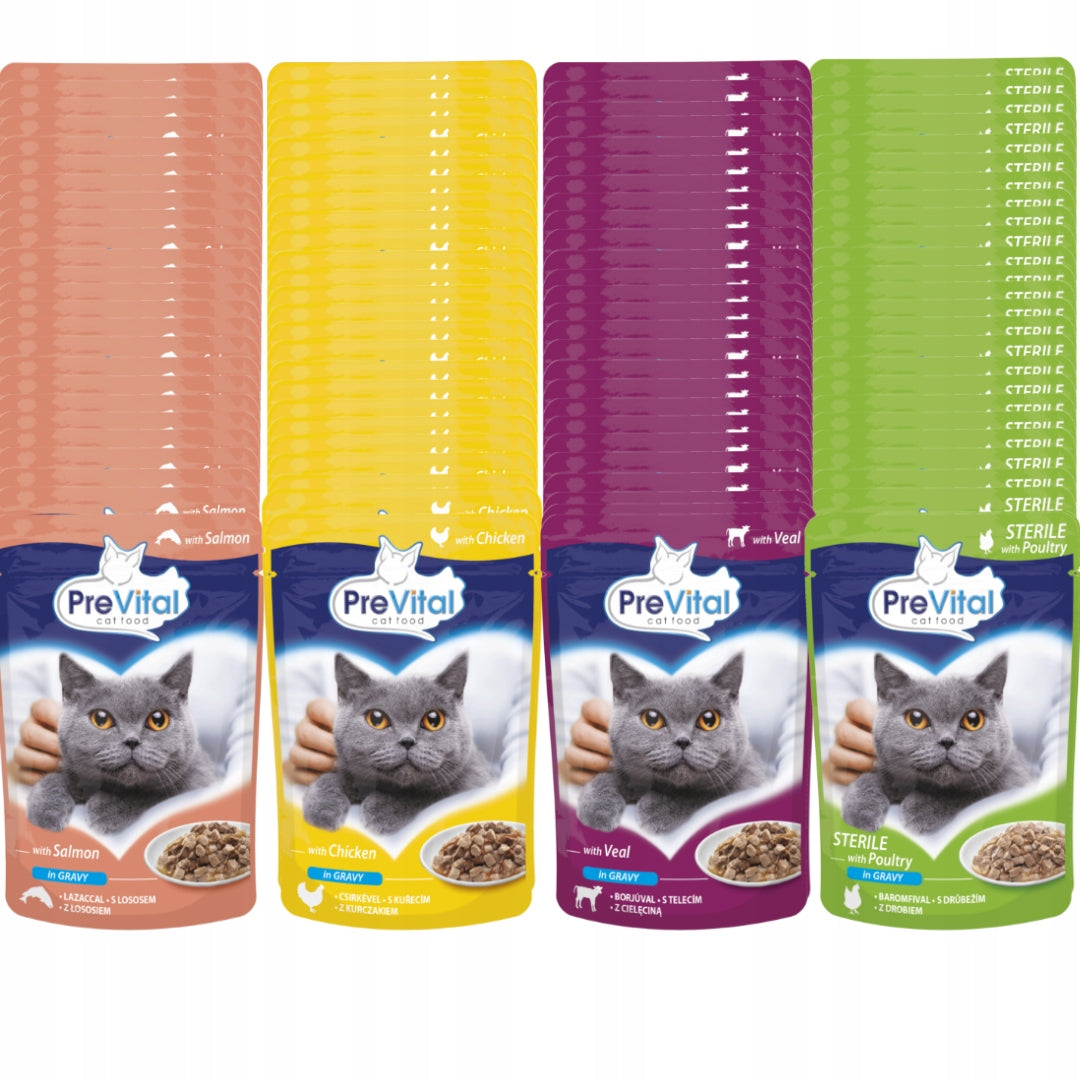 Prevital mokra karma dla kota w saszetkach 96 x 100 g – zestaw, mix smaków