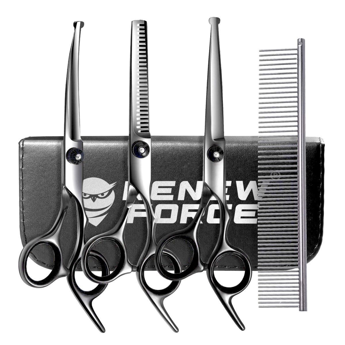 Renew Force Nożyczki groomerskie dla psa 17 cm – zestaw 7w1 ze stali nierdzewnej, etui