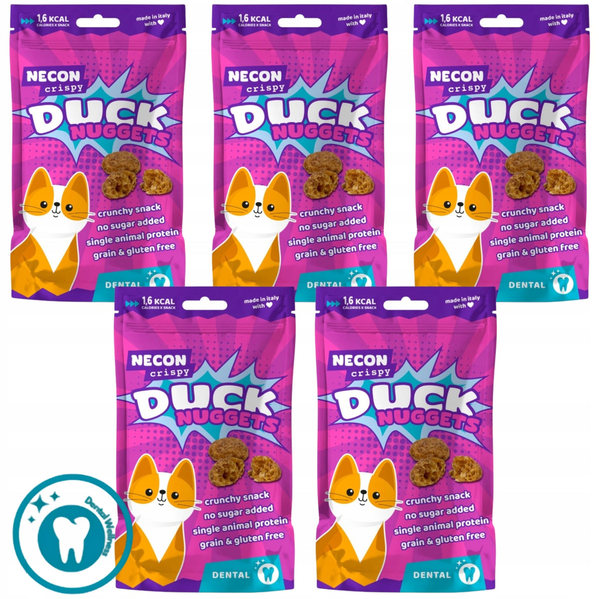 Necon Pet Food przysmaki dla kota nuggetsy z kaczką bez zbóż 85 g – zestaw 5 szt.