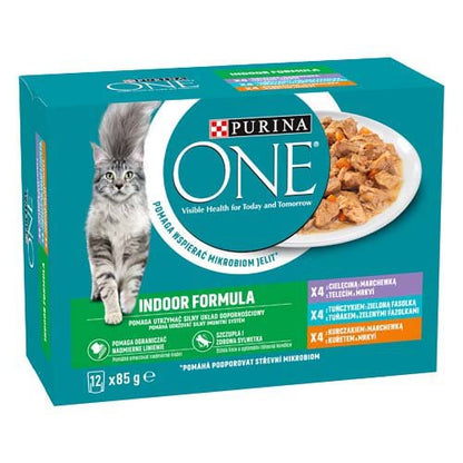 Purina ONE Indoor Formula mokra karma dla dorosłych kotów domowych 12 x 85 g – saszetki