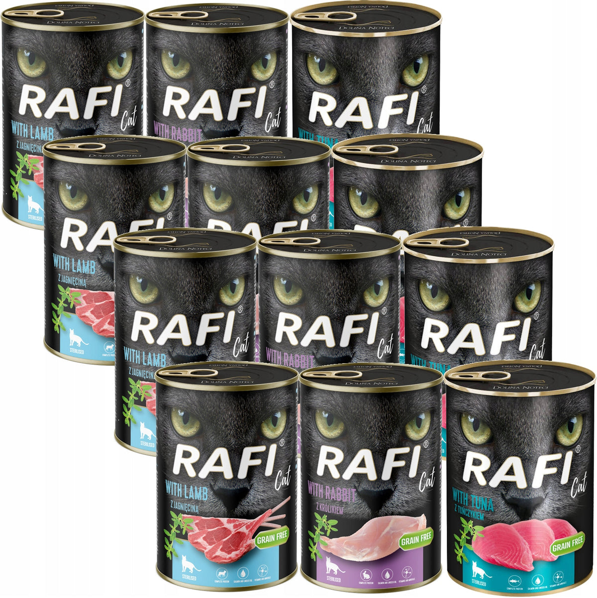 Rafi Cat Adult mokra karma dla kota bezzbożowa 12 x 400 g w puszkach – mix smaków