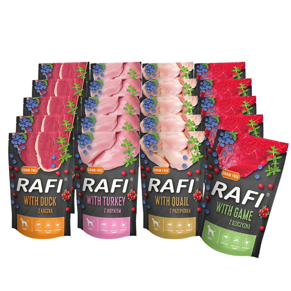 RAFI mokra karma dla psa bezzbożowa 20 x 500 g – zestaw mix smaków, saszetki