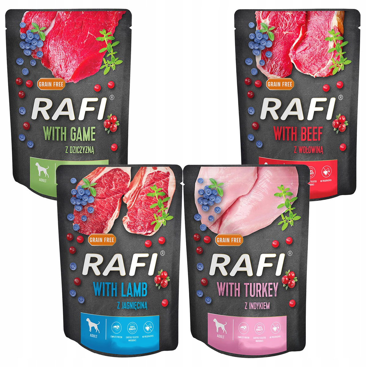 RAFI Karma mokra dla psa dorosłego bezzbożowa 10 x 300 g – mix smaków, saszetki