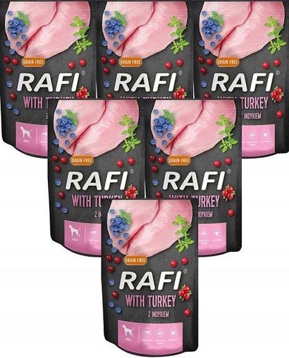 Rafi mokra karma dla psa bezzbożowa z indykiem, borówką i żurawiną – 10 x 500 g
