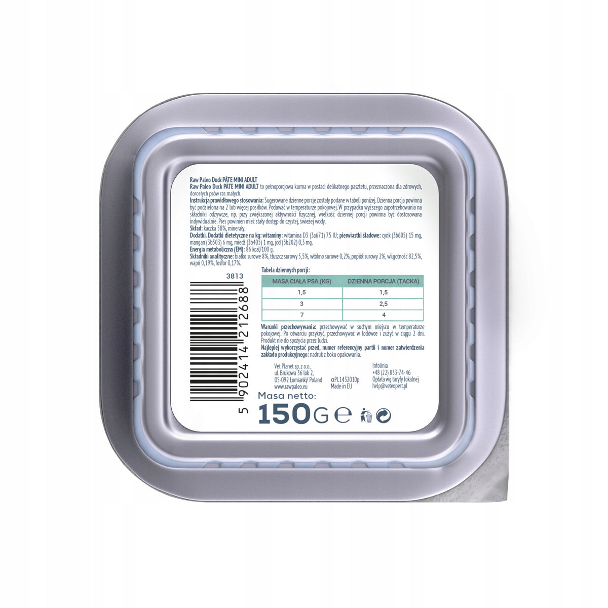 Raw Paleo mokra karma dla psa Duck Pate Mini Adult 6x150 g – bezzbożowa, kaczka