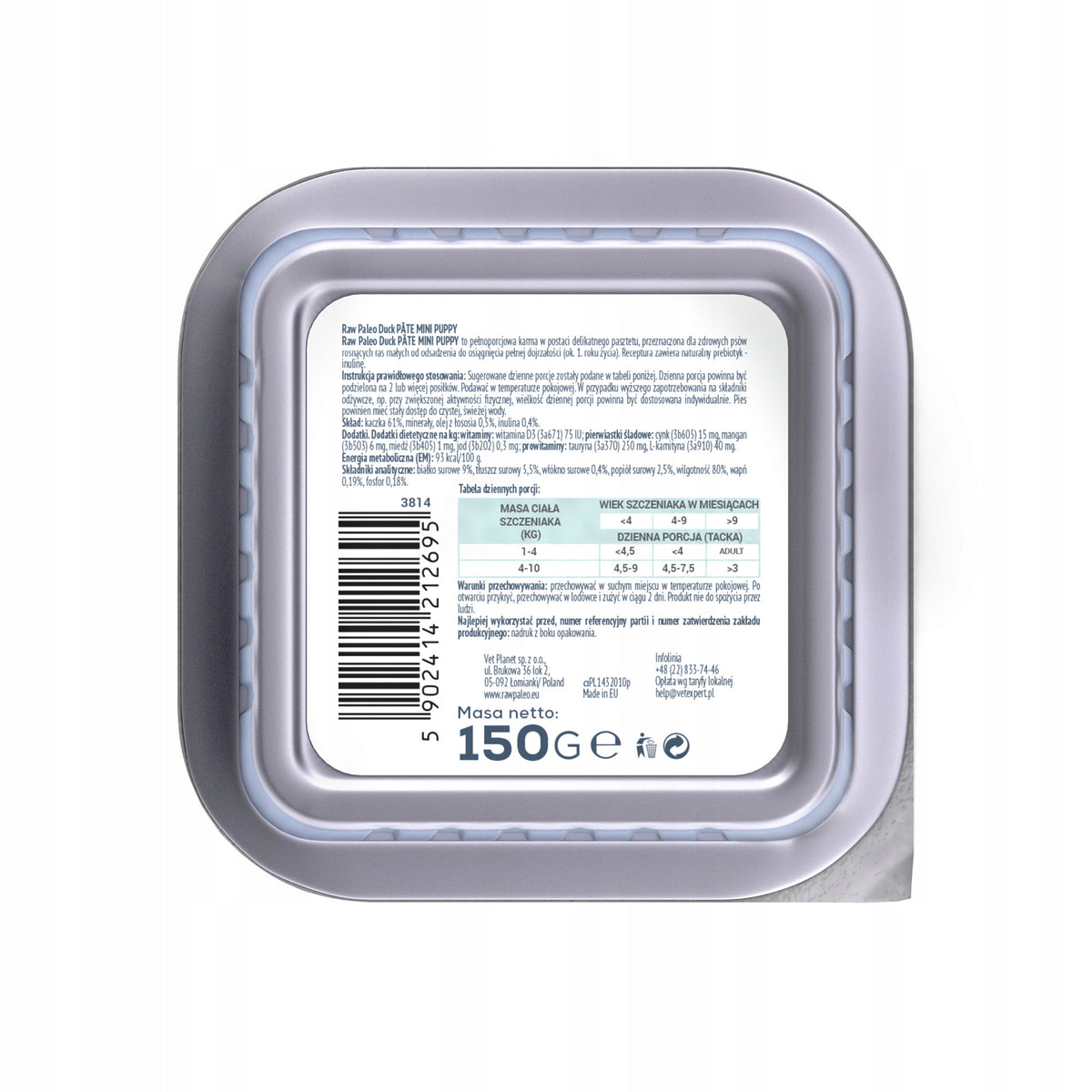 RAW PALEO Duck Pate Mini Puppy mokra karma dla szczeniąt, bezzbożowa 6x150 g – kaczka