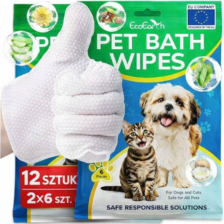 Nawilżane rękawice do mycia psa i kota bez wody z aloesem, 12 szt. – zestaw 2 x 6