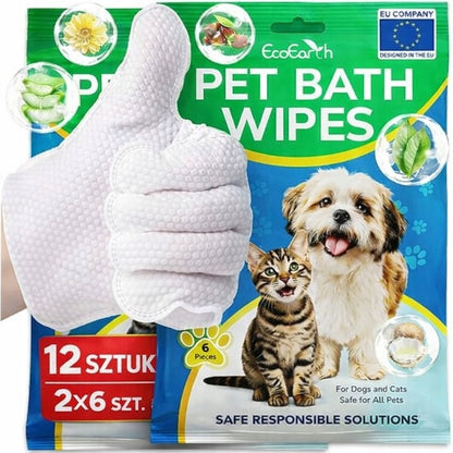 Nawilżane rękawice do mycia psa i kota bez wody z aloesem, 12 szt. – zestaw 2 x 6