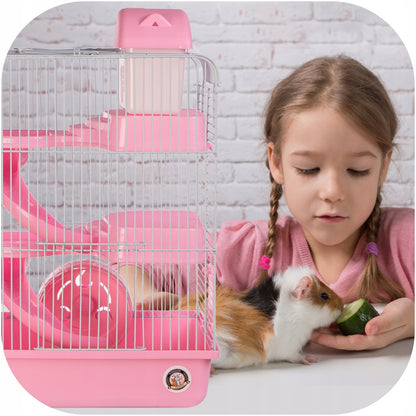 Furrever Friends Klatka dla chomika piętrowa 27x20x44 cm z kołowrotkiem i domkiem – różowa