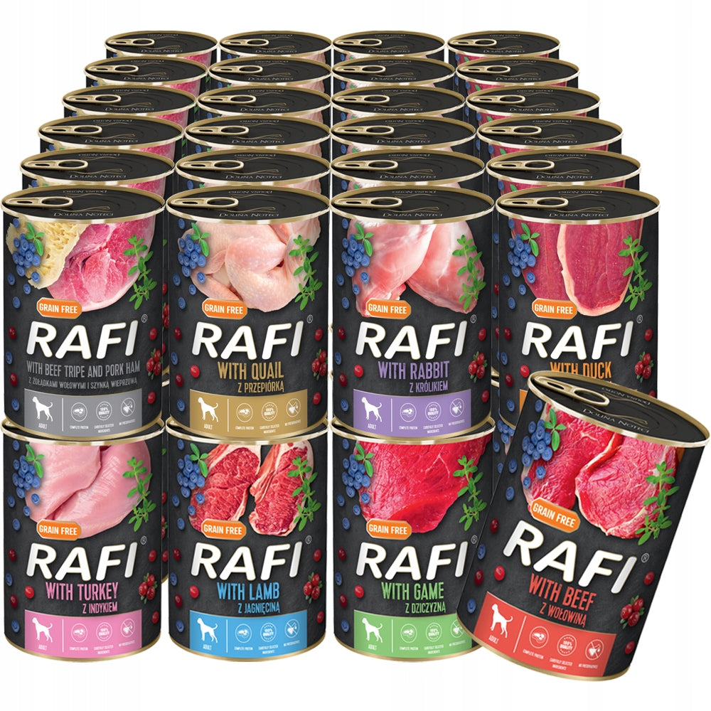 Rafi Premium mokra karma dla psa bezzbożowa 48 x 400 g – puszki, mix 8 smaków