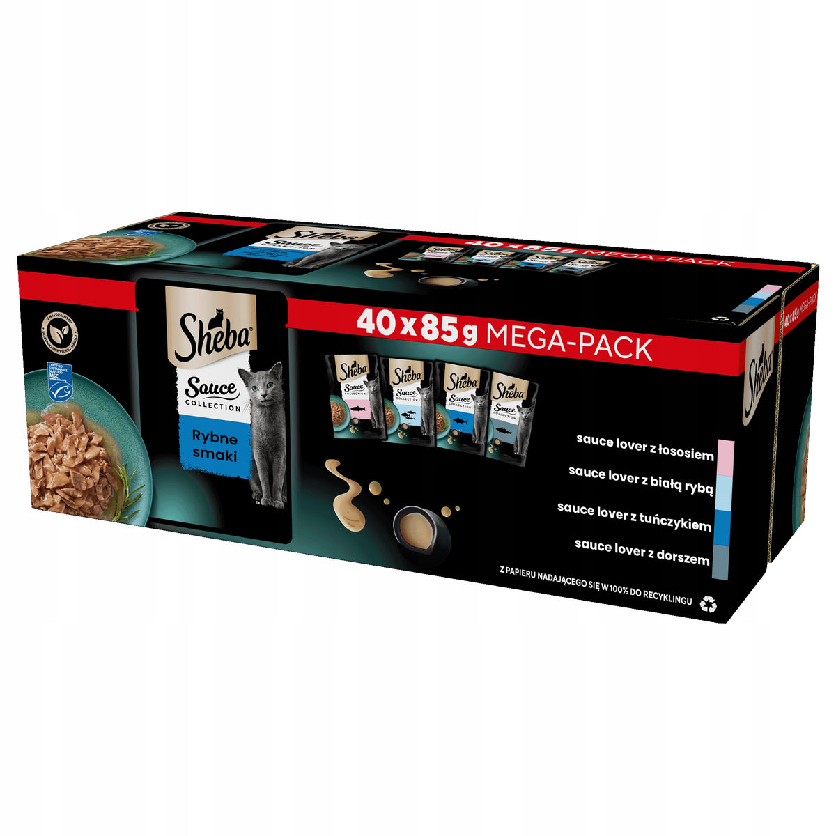 Sheba mokra karma dla kotów w sosie, saszetki 40 x 85 g – rybne smaki, bezzbożowa