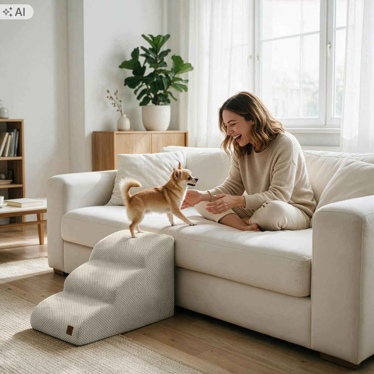 DOGGURU Schodki dla psa 3 stopnie 40 cm z pokrowcem do prania, antypoślizgowe – beżowe