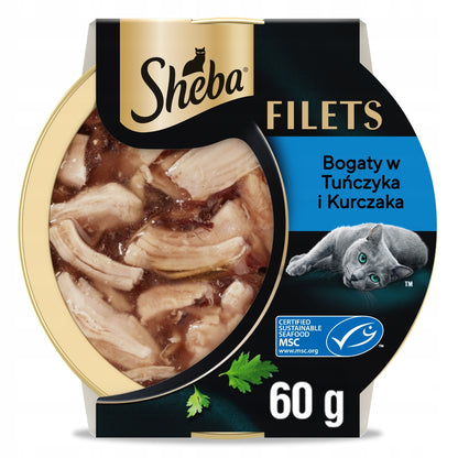 Sheba Filets mokra karma dla kota z kurczakiem i tuńczykiem w sosie – tacka 60 g