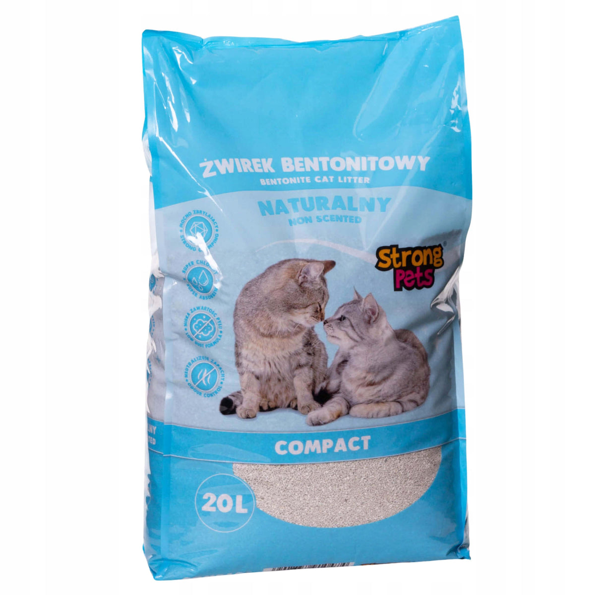 Strong Pets Żwirek bentonitowy dla kota 20 l zbrylający, bezzapachowy – naturalny, biały