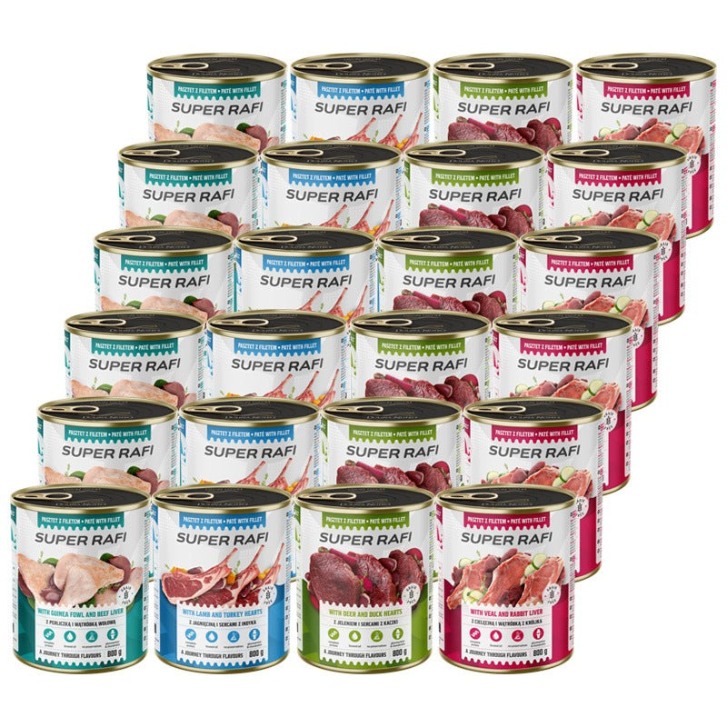 Super RAFI karma mokra dla psa bezzbożowa 24 x 800 g, pasztet z filetem – mix 4 smaków