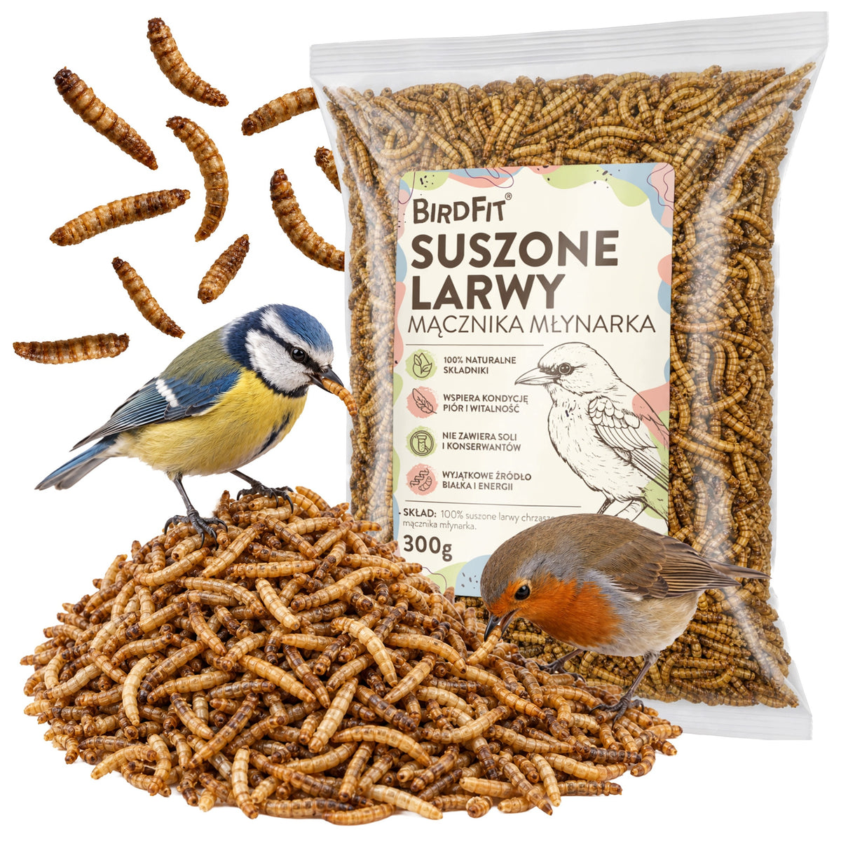 BirdFit suszone larwy mącznika młynarka 300 g – naturalny pokarm białkowy dla ptaków