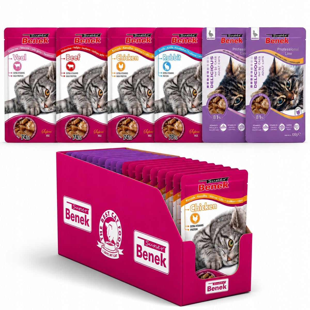 Super Benek mokra karma dla kota 24 x 100 g, saszetki dla dorosłych kotów – mix smaków