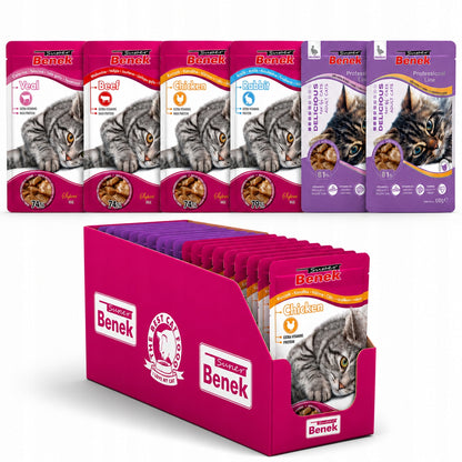 Super Benek mokra karma dla kota 24 x 100 g, saszetki dla dorosłych kotów – mix smaków