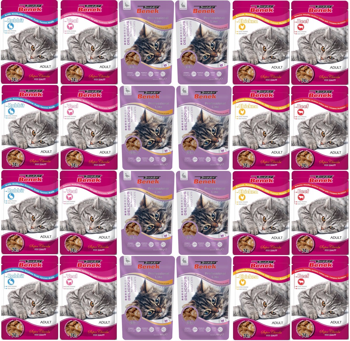 Super Benek mokra karma dla kota 24 x 100 g, saszetki dla dorosłych kotów – mix smaków
