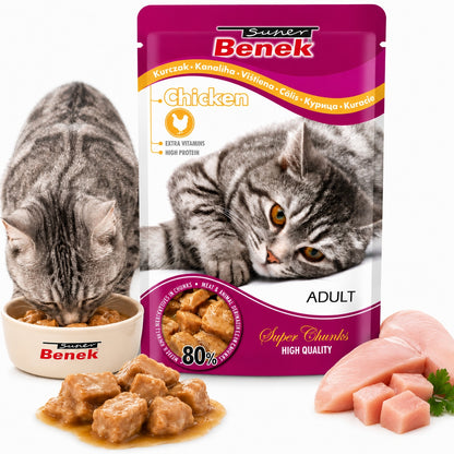 Super Benek mokra karma dla kota 24 x 100 g, saszetki dla dorosłych kotów – mix smaków