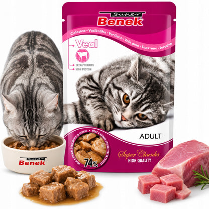 Super Benek mokra karma dla kota 24 x 100 g, saszetki dla dorosłych kotów – mix smaków