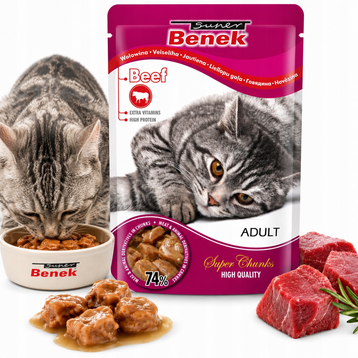 Super Benek mokra karma dla kota 24 x 100 g, saszetki dla dorosłych kotów – mix smaków