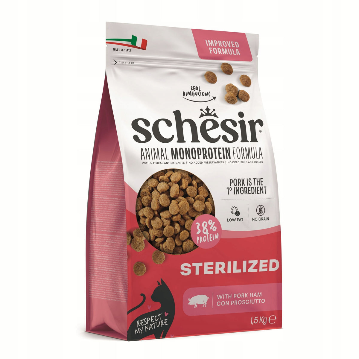 Schesir sucha karma dla kota po sterylizacji 1,5 kg monobiałkowa, bez zbóż – szynka
