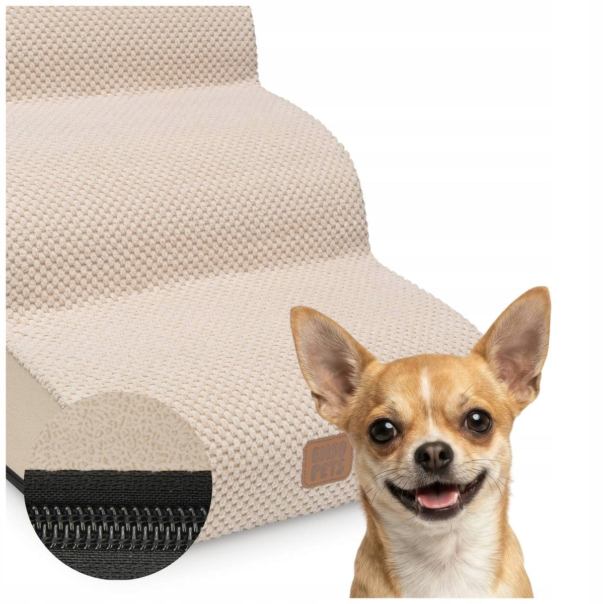 Enso Pets Schodki dla psa 40 cm do łóżka i kanapy, 3 stopnie, pianka, sztruks – beżowe