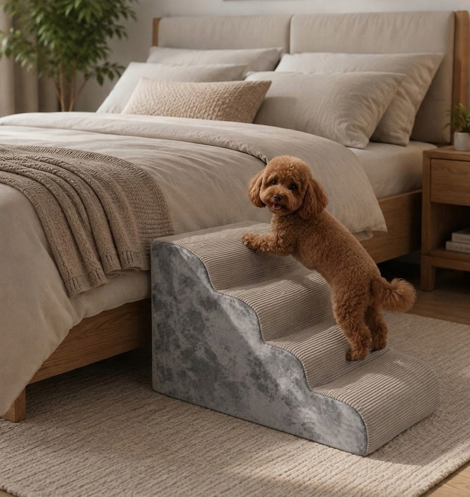 Schody dla psa piankowe 4 stopnie 57 x 40 x 33 cm ze zdejmowanym pokrowcem – beżowe