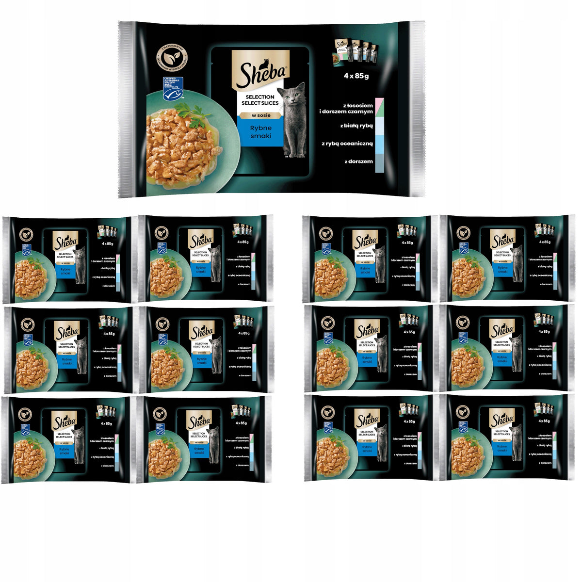 Sheba Selection mokra karma dla kota w sosie, smaki rybne 52 x 85 g – saszetki