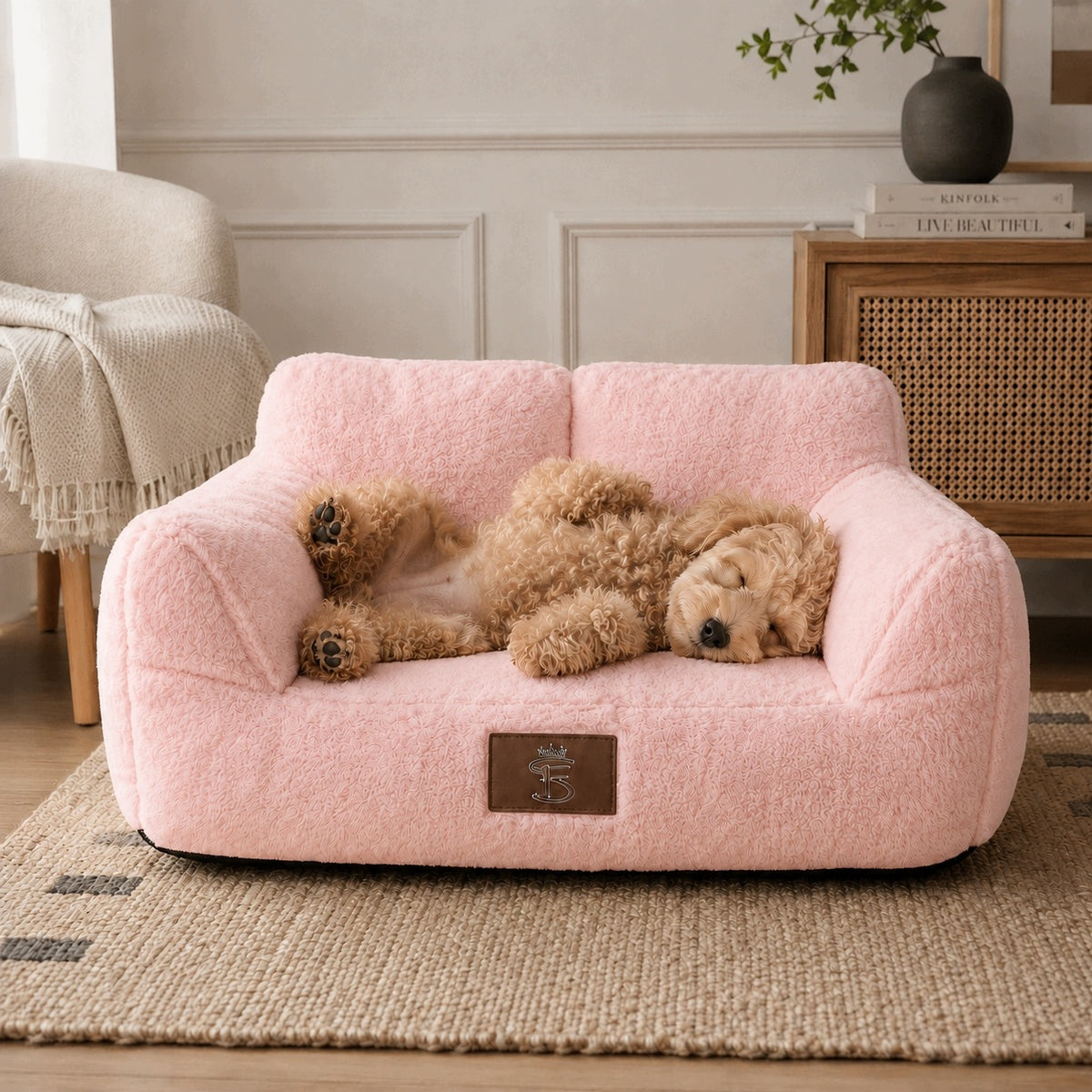 Legowisko sofa dla małego psa i kota 50 × 25 cm, plusz, zdejmowany pokrowiec – różowe