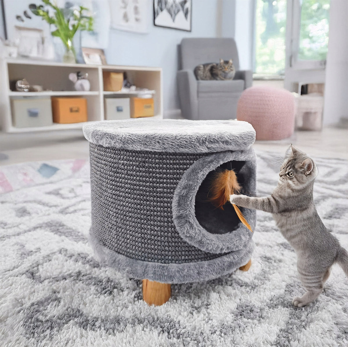 Mersjo Cabin II drapak dla kota z budką 38 cm, sizal konopny i piórko – szary