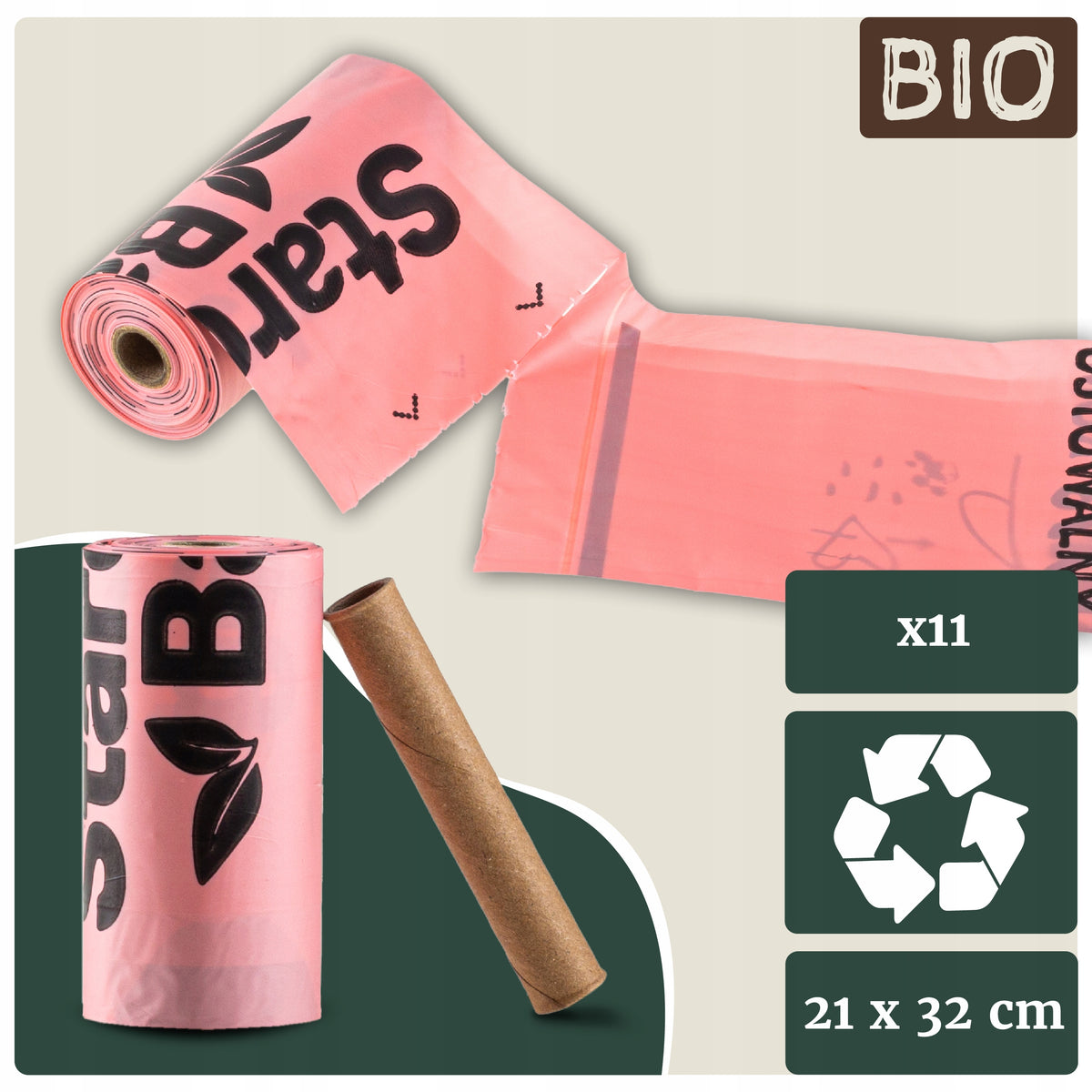 StarchBag biodegradowalne worki na psie odchody 165 szt. – 11 rolek, 21 x 32 cm, różowe