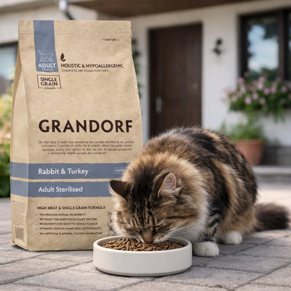 Grandorf sucha karma dla kota sterylizowanego 8 kg – bezzbożowa, 70% mięsa, królik z indykiem