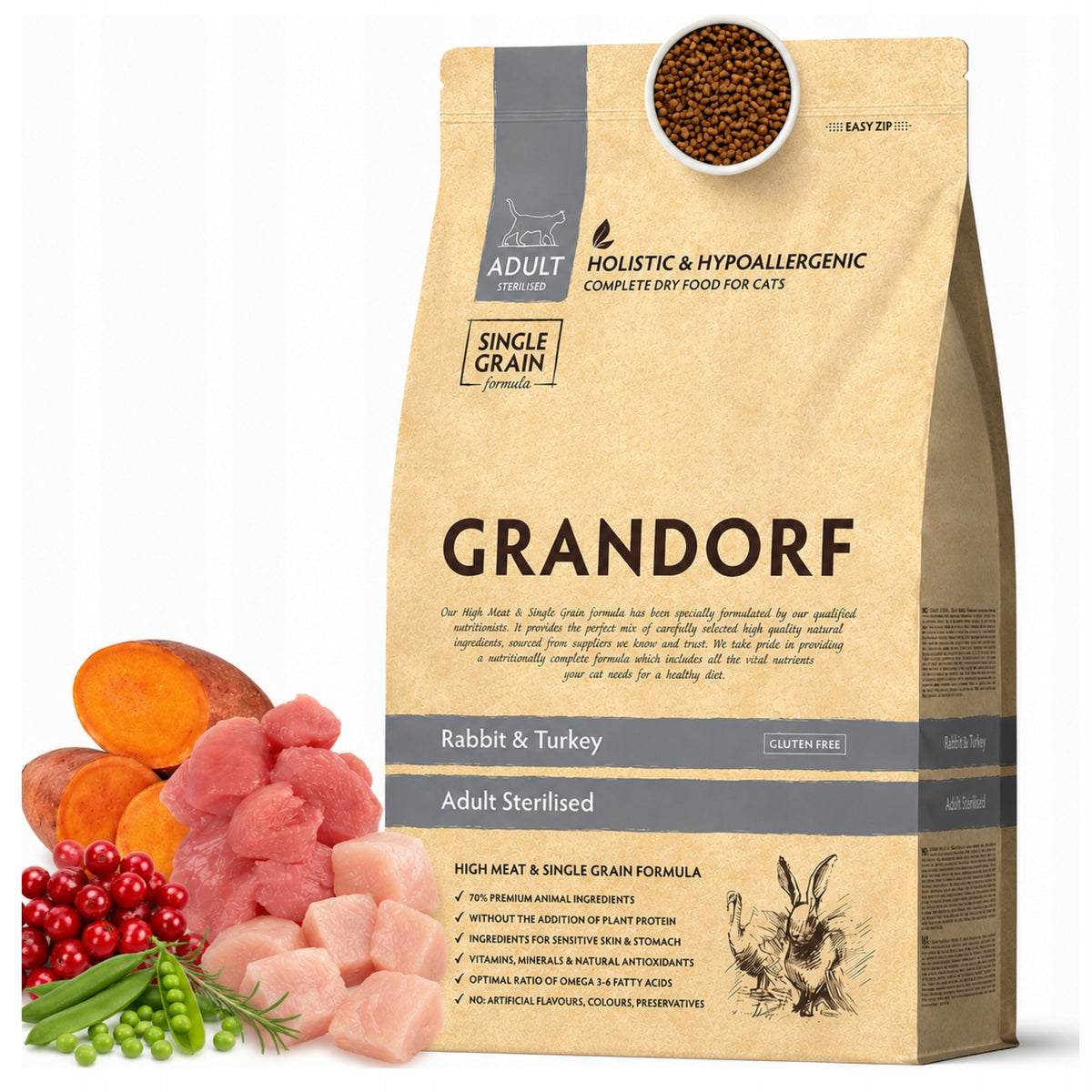 Grandorf sucha karma dla kota sterylizowanego 8 kg – bezzbożowa, 70% mięsa, królik z indykiem