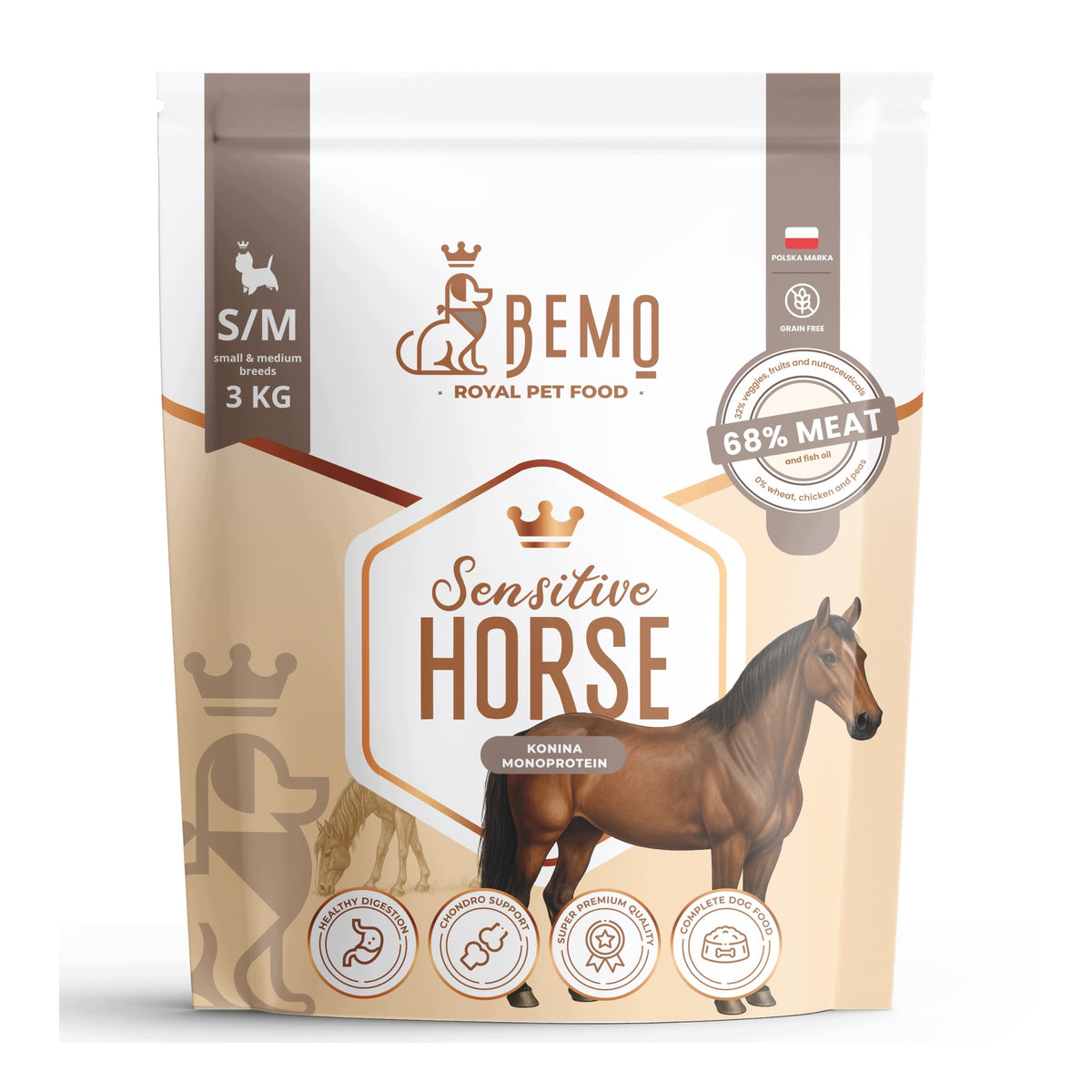 BEMO Sensitive Horse sucha karma dla psa 3 kg z koniną, hipoalergiczna – granulat S/M