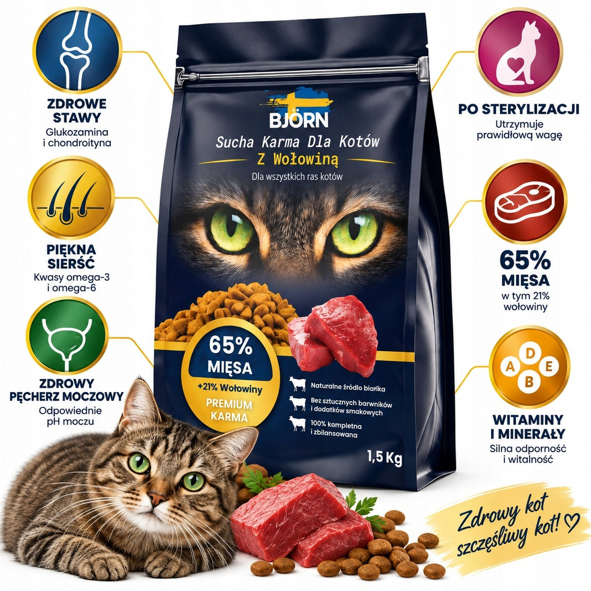 Björn sucha karma dla kota sterylizowanego z wołowiną 4,5 kg – 65% mięsa, 3 × 1,5 kg