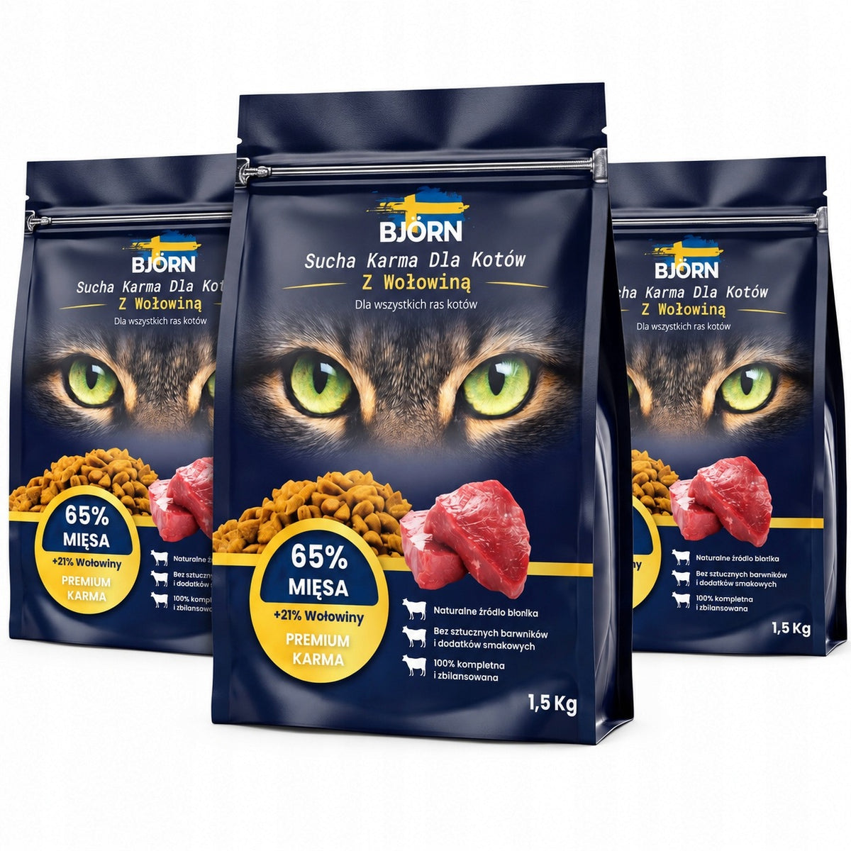 Björn sucha karma dla kota sterylizowanego z wołowiną 4,5 kg – 65% mięsa, 3 × 1,5 kg