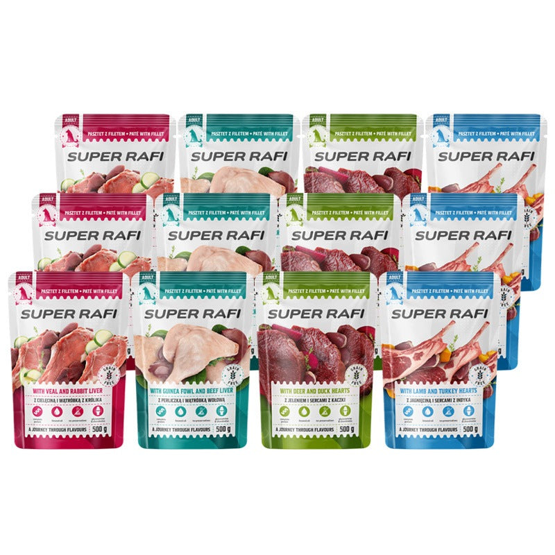 Super Rafi mokra karma dla psa 12 x 500 g – pasztet z filetem dla dorosłych psów, mix smaków