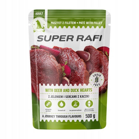 Super Rafi Mokra karma dla psa pasztet z filetem 40x500 g bezzbożowa – mix 4 smaków