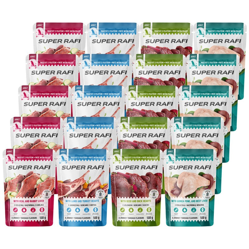 Super Rafi karma mokra dla psa w saszetkach 20 x 500 g – pasztet, mix 4 smaków
