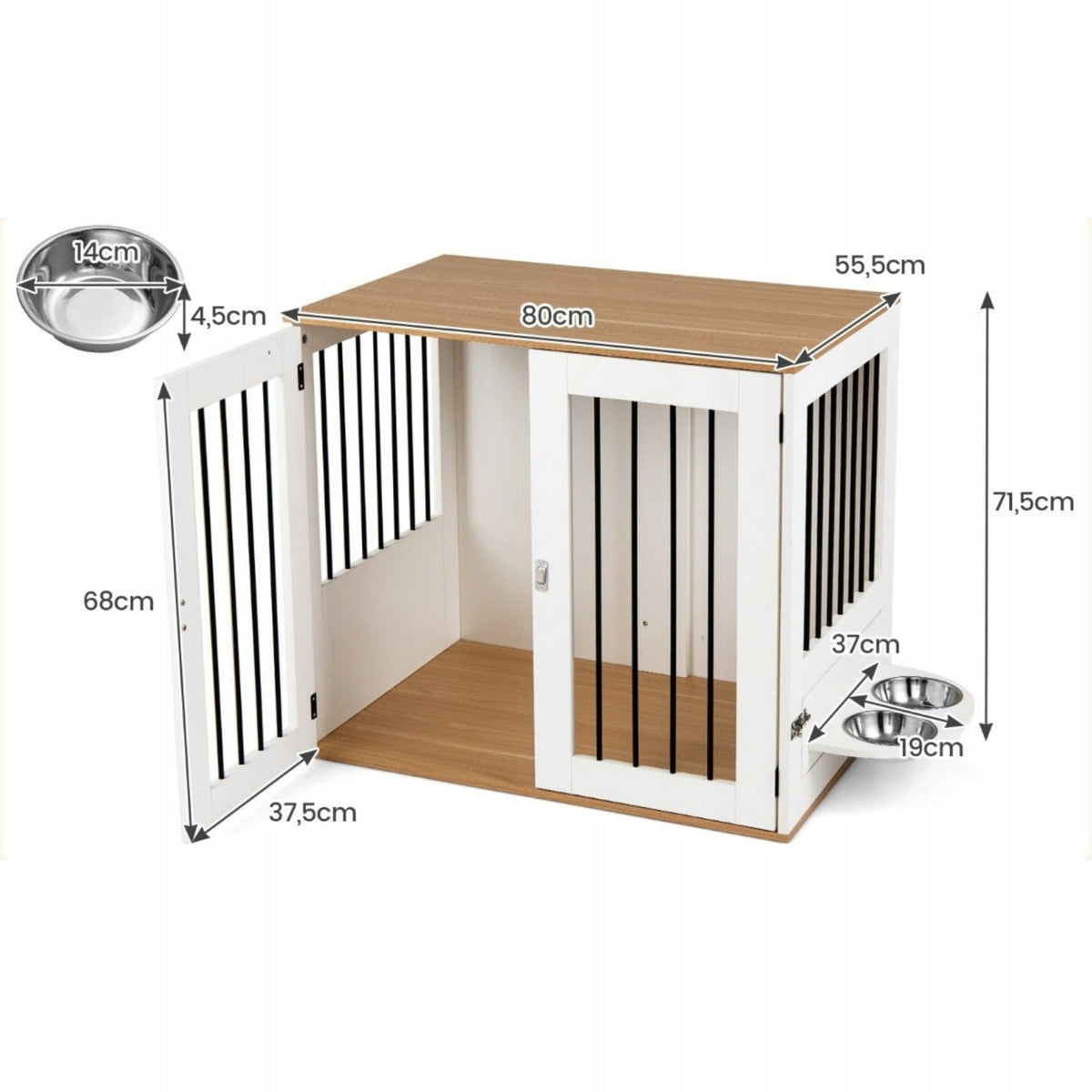 Costway Klatka kojec dla psa z funkcją szafki 80 x 55,5 x 71,5 cm z 2 miskami – biała
