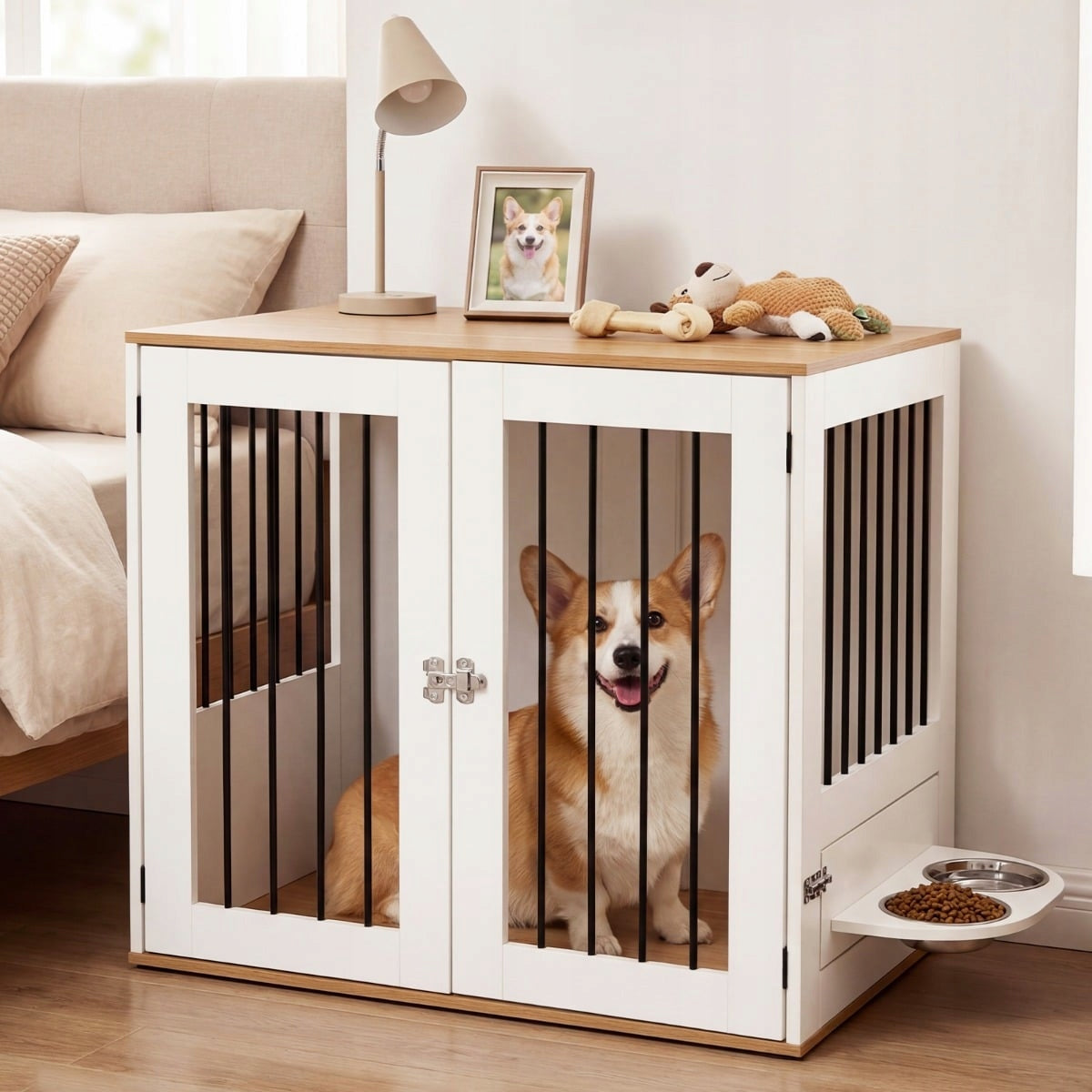 Costway Klatka kojec dla psa z funkcją szafki 80 x 55,5 x 71,5 cm z 2 miskami – biała