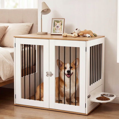 Costway Klatka kojec dla psa z funkcją szafki 80 x 55,5 x 71,5 cm z 2 miskami – biała
