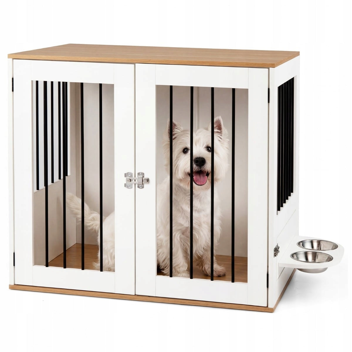 Costway Klatka kojec dla psa z funkcją szafki 80 x 55,5 x 71,5 cm z 2 miskami – biała