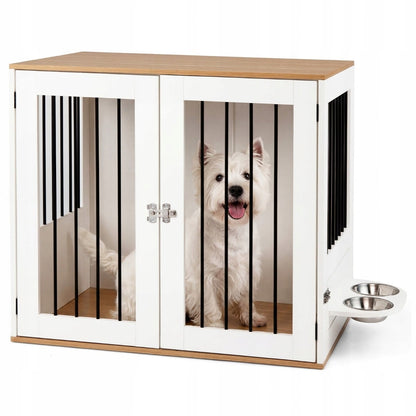 Costway Klatka kojec dla psa z funkcją szafki 80 x 55,5 x 71,5 cm z 2 miskami – biała