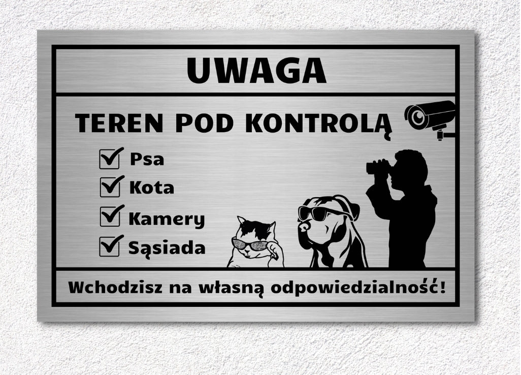 3dCity Tabliczka Uwaga pies kot monitoring sąsiad 30x20 cm aluminiowa na furtkę – czarny nadruk
